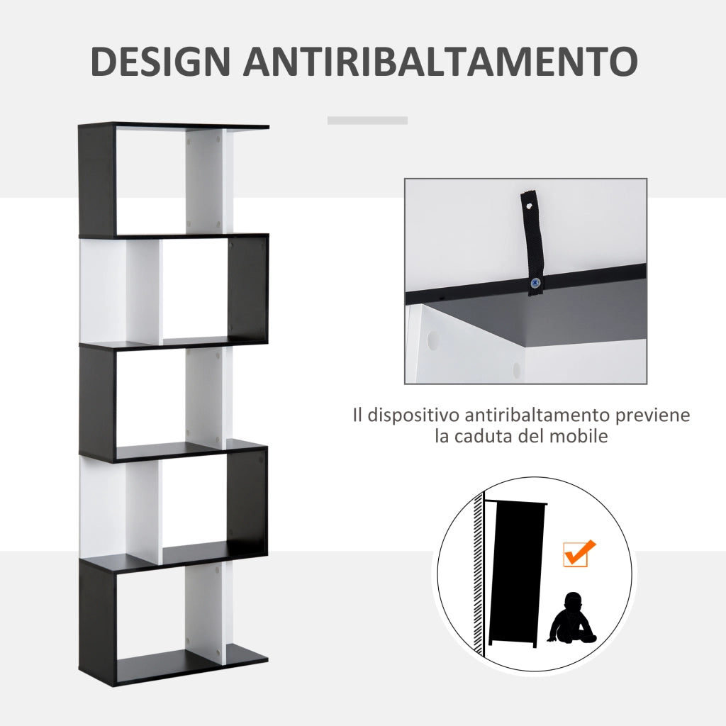 Libreria a 5 Ripiani con Divisorio ¨C Xylo ¨C Legno Bianco e Nero 60x24x184.5 cm