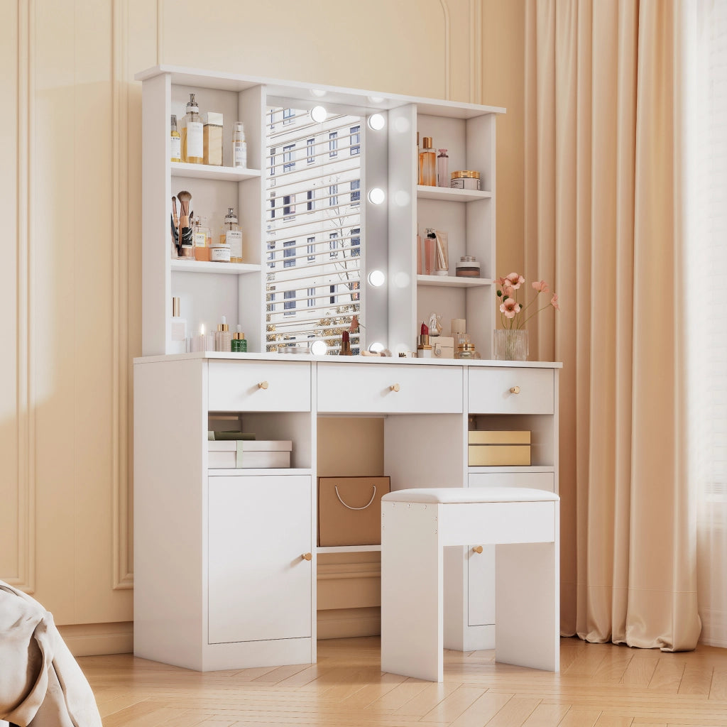 Tavolo da toeletta con specchio LED, 3 cassetti, 2 ante e 4 ripiani, per camera, bianco, 110 × 40 × 151 cm