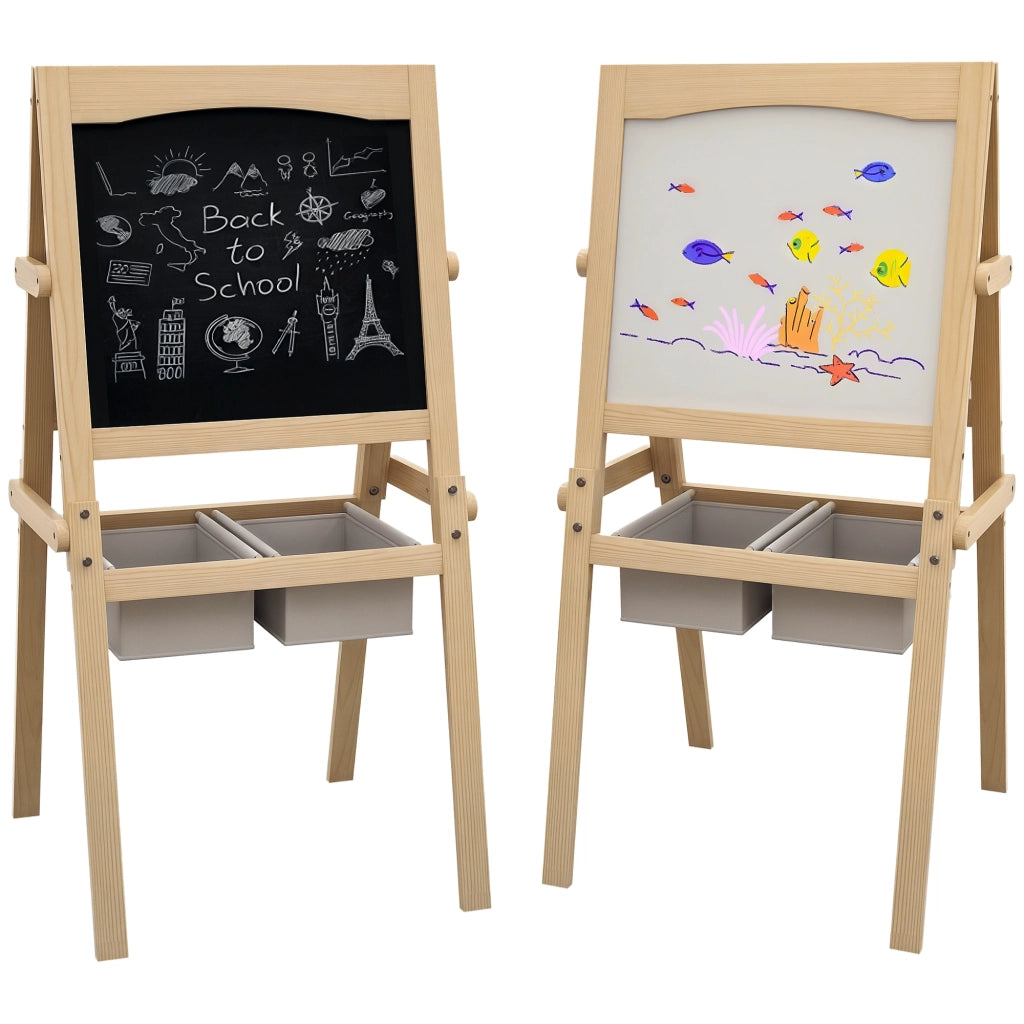 Lavagna a cavalletto per bambini a doppia faccia in legno naturale con rotolo di carta e lavagna magnetica, 58 x 50,5 x 109 cm