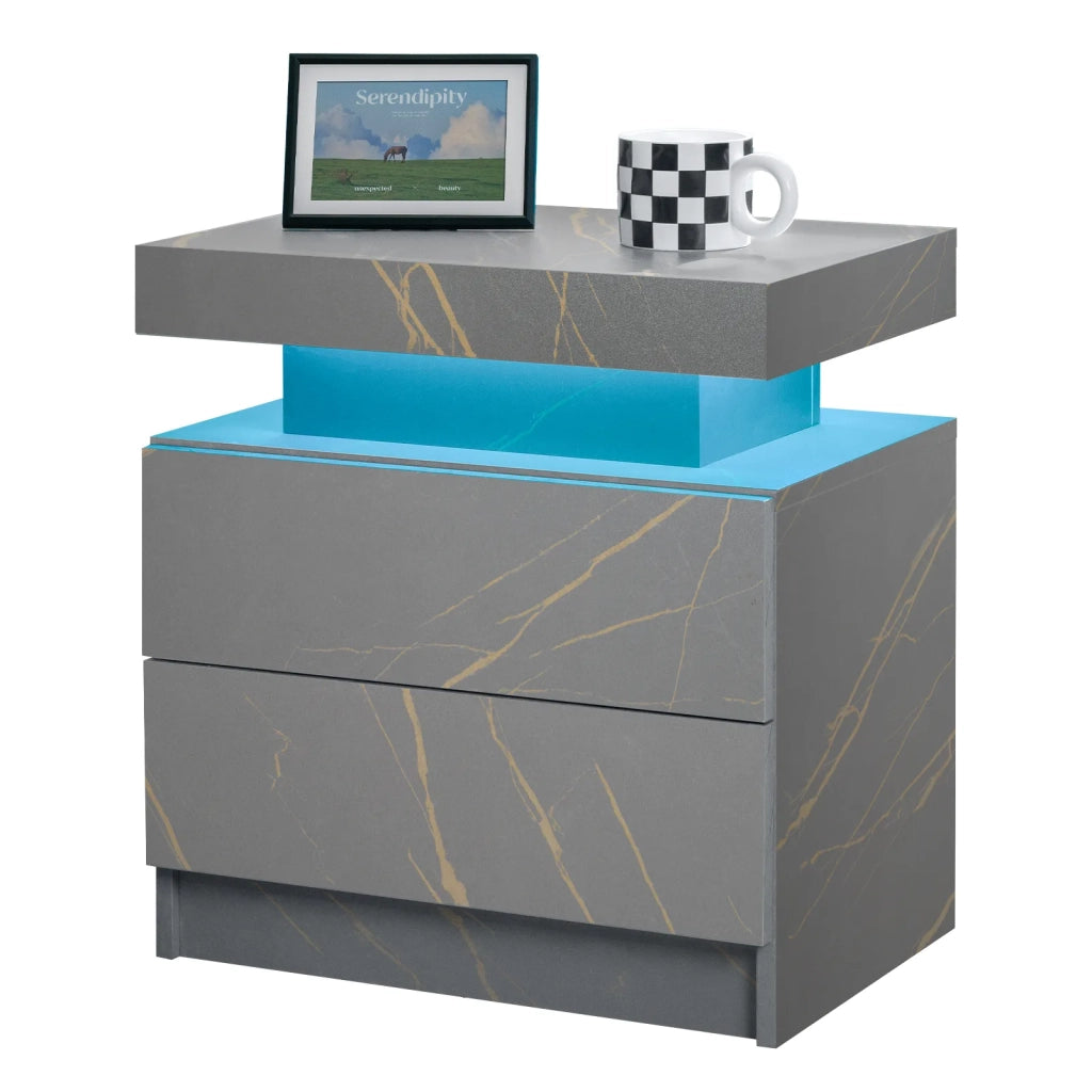 Comodino moderno con 2 cassetti, luci LED integrate, grigio e oro
