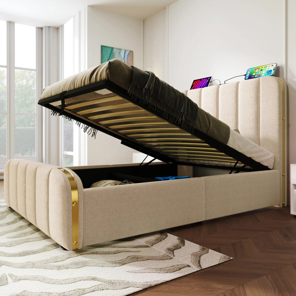 Letto singolo imbottito con testiera a LED e USB Tipo-C, contenitore idraulico e materasso 90x200 cm