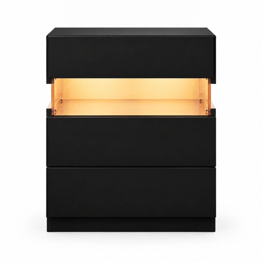 Comodino con LED RGB e 3 cassetti in legno ingegnerizzato nero