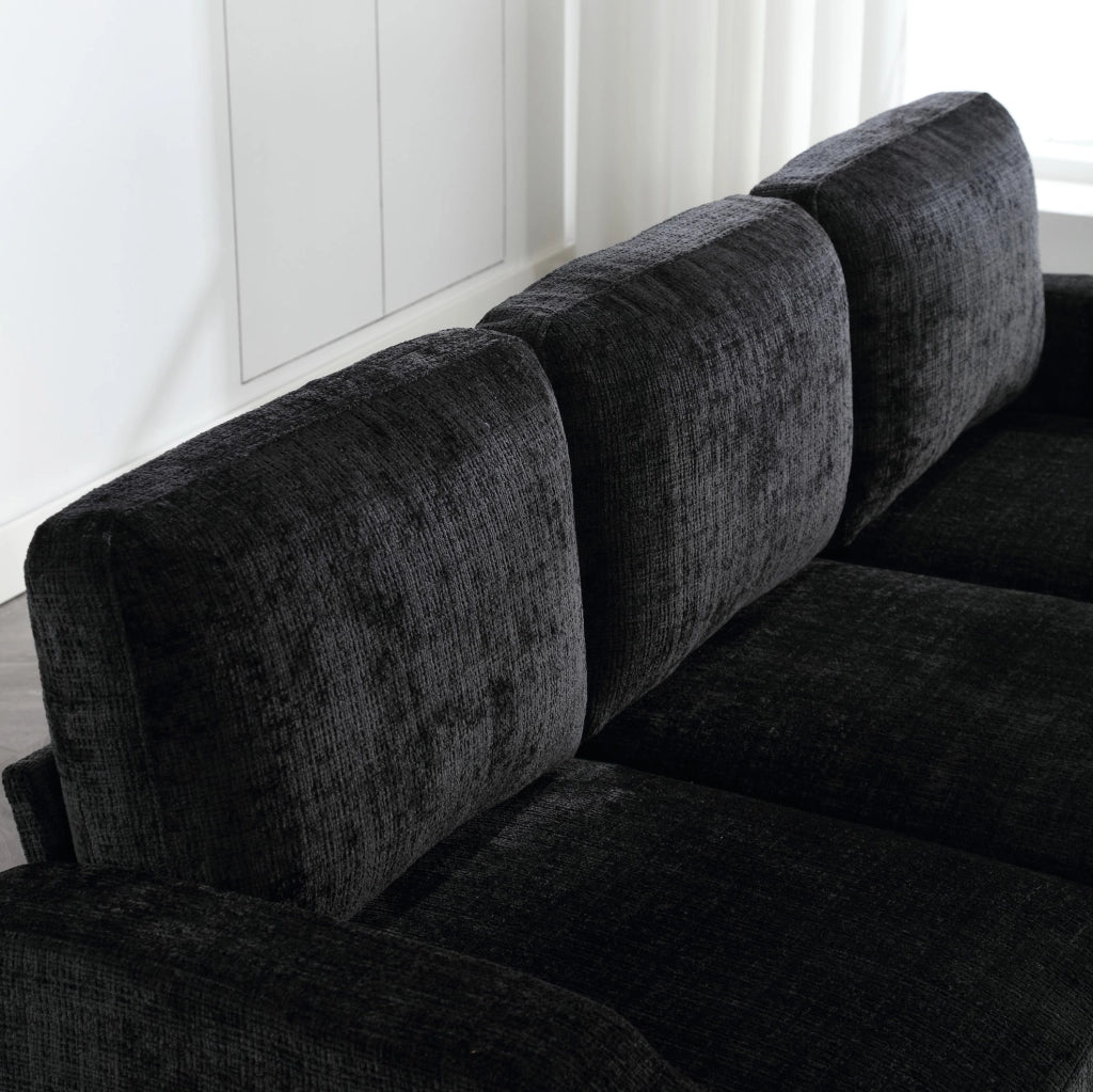 Divano 4 posti con pouf contenitore; portabicchieri e tasche laterali; chenille nero