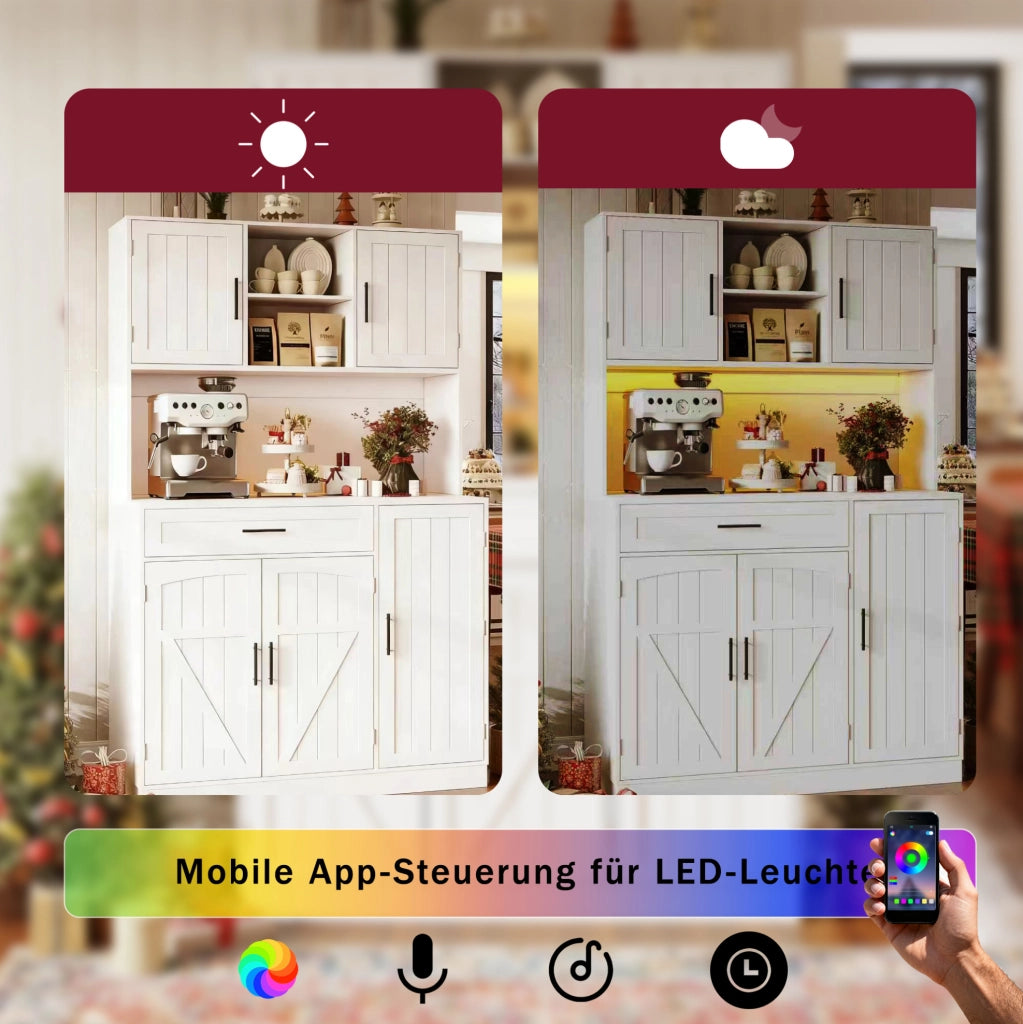 Credenza da cucina con LED e prese, bianca, 110x38x180 cm