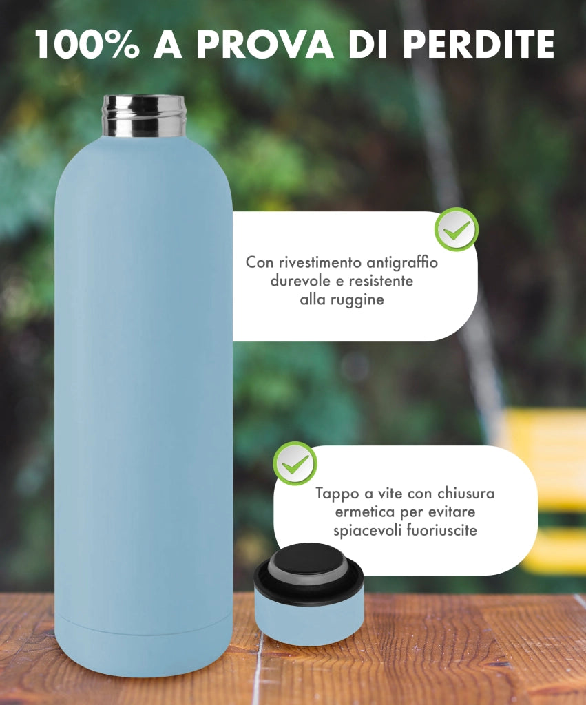 Borraccia Termica 1 Litro Bottiglia Acciaio Inox Inossidabile Doppio Strato 1000 Ml Tappo Antigoccia Doppia Camera Bevande Calde Fredde Termos Sistema Sottovuoto Rivestimento Soft Touch  - Azzurro