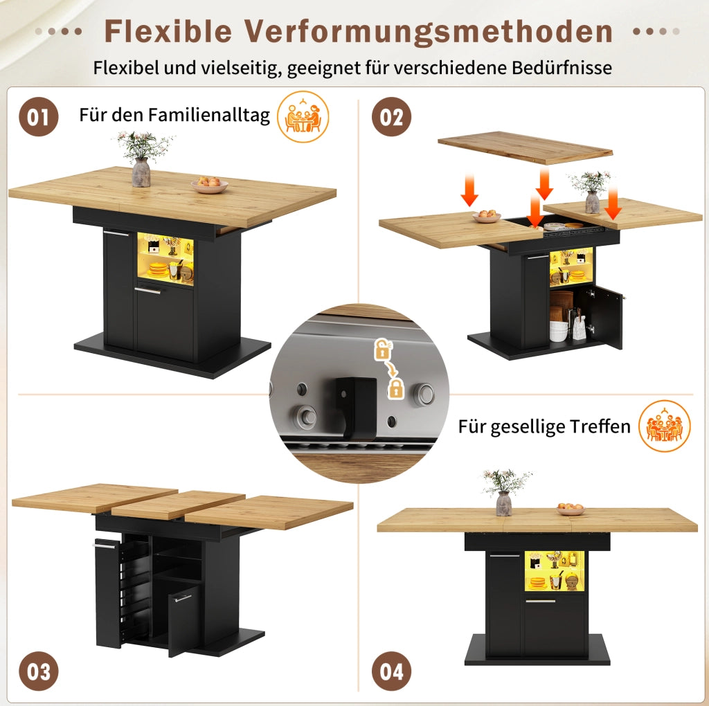 TAVOLO Allungabile 110-140x80x77,2 cm MDF Nero con LED e spazio contenitore