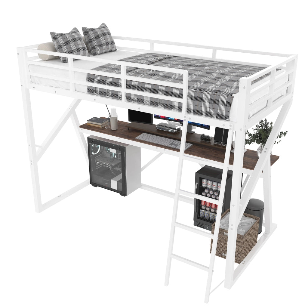 Letto a soppalco 90x200 cm bianco con scrivania, LED, scala e sponde
