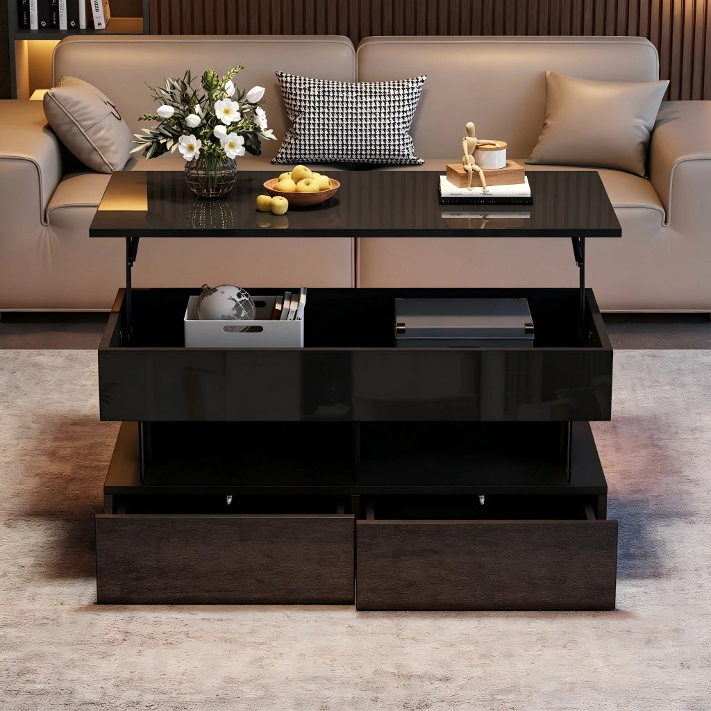 Tavolino da Salotto Sollevabile LED Nero Lucido MDF 100x50x46 cm