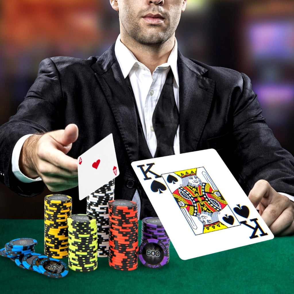 Set fiches da poker texas hold'em da 14 grammi, 500 Fiches con custodia in alluminio 2 mazzi di carte Nero-Fiche e set da poker