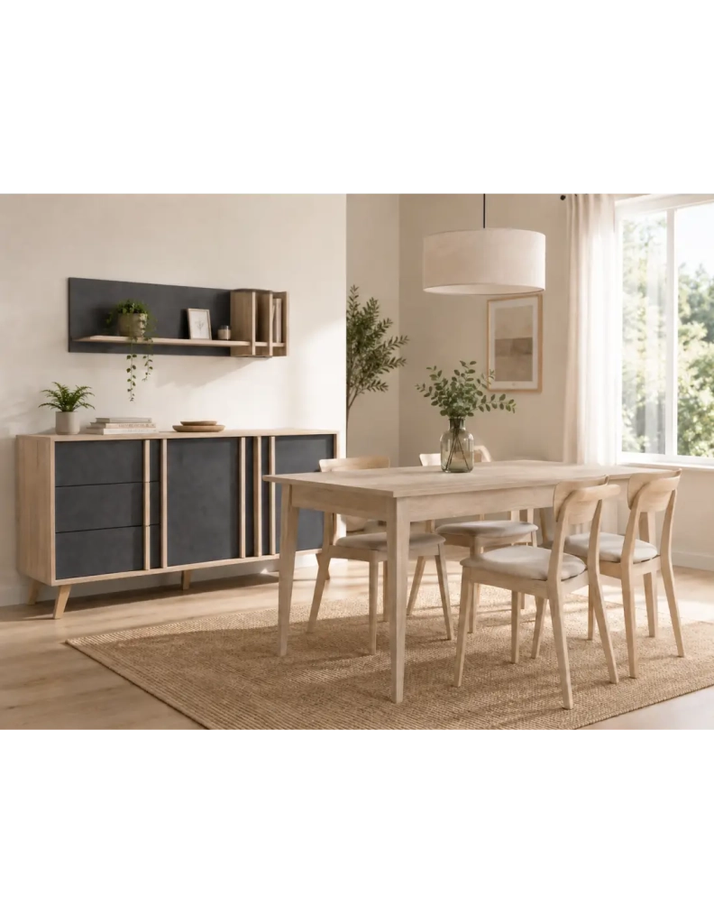 Sala da pranzo completa MALMO con tavolo allungabile 180-220 cm, buffet 165 cm e mensola da muro – Rovere chiaro e grigio