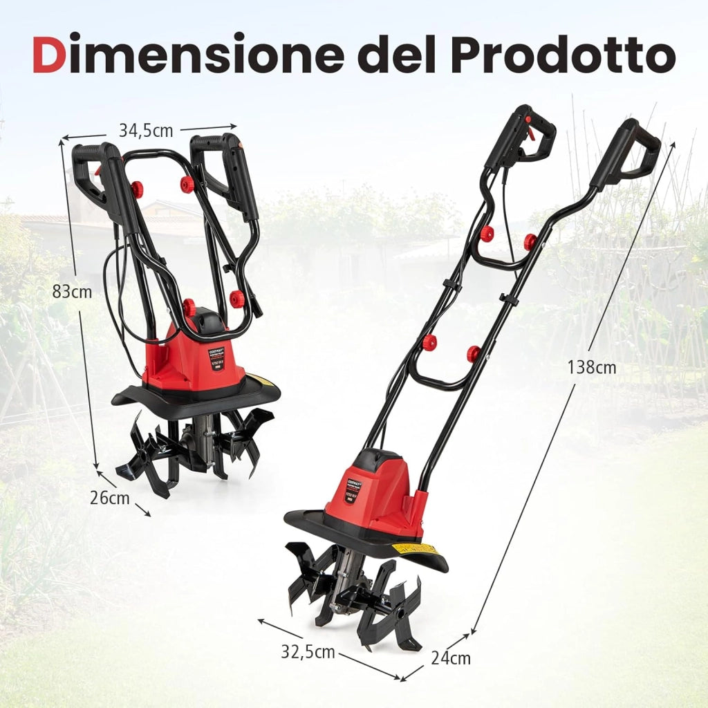 Motozappa Elettrica a Filo, Zappatrice da Giardino con Manico Ergonomico e Motore Forte, Motocoltivatore Pieghevole per Scavare Terreno del Prato (32,5 x 24 x 138 cm,Rosso)