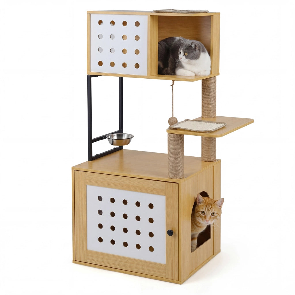 Hsmobile lettiera gatti multilivello con ciotola cuccia piattaforme di attivit¨¤ tiragraffi e giocattoli, Armadietto per toilette nascosta in legno Naturale