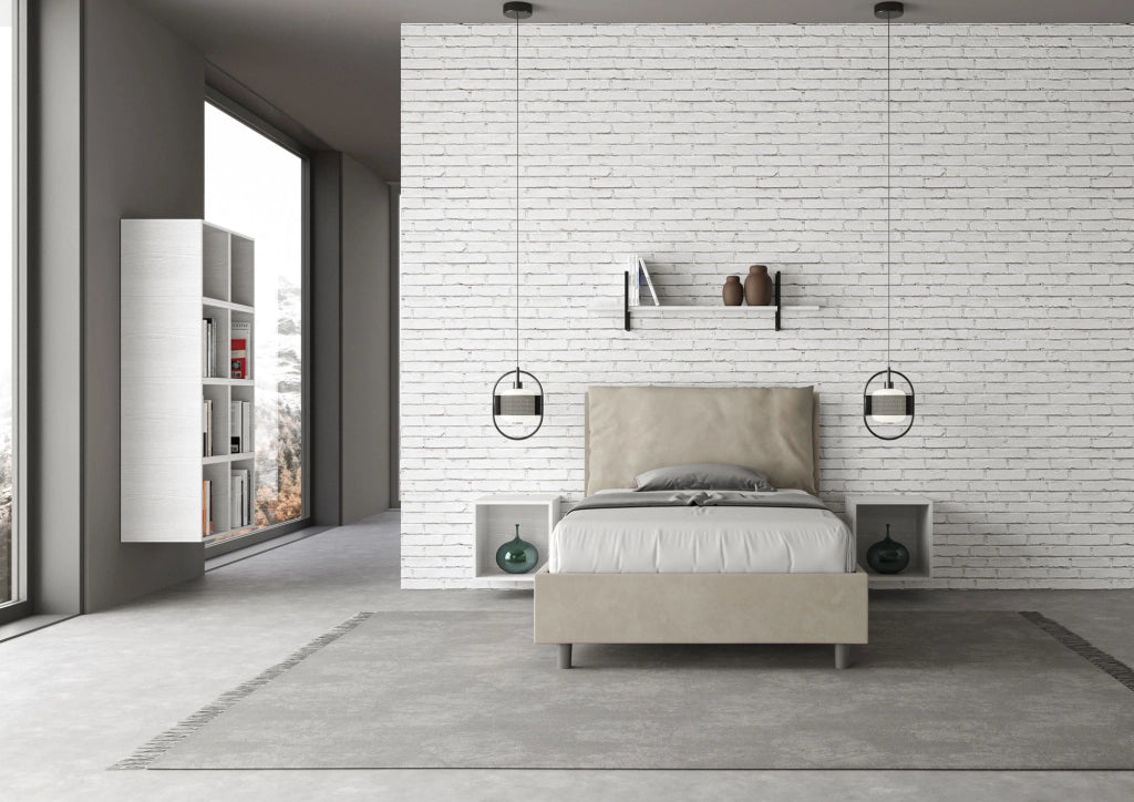 Letto 1 Piazza E Mezzo 110x210 cm con Rete e Contenitore Imbottito in Microfibra Antea Large Sabbia