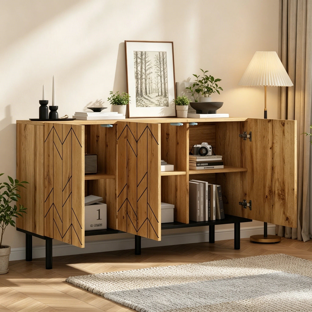Credenza, mobile a tre ante, pannelli in truciolato, gambe di sostegno in metallo, colore legno naturale