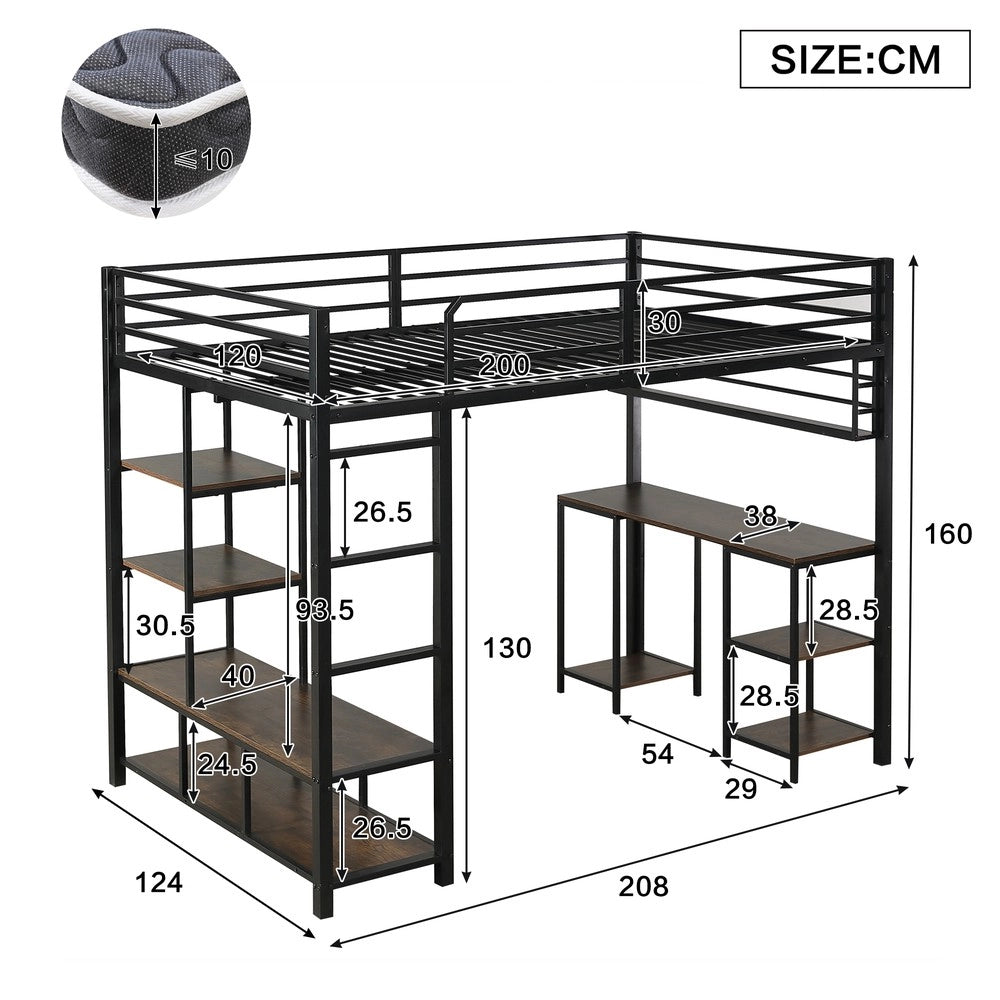 Letto a Soppalco con Scrivania ¨C MINIMAL ¨C Metallo e Legno, Nero, 120x200