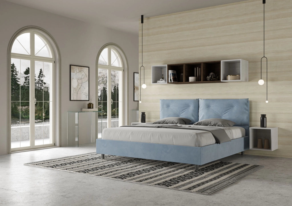BS COM Letto matrimoniale king size senza rete imbottito 190x210 microfibra azzurro Large