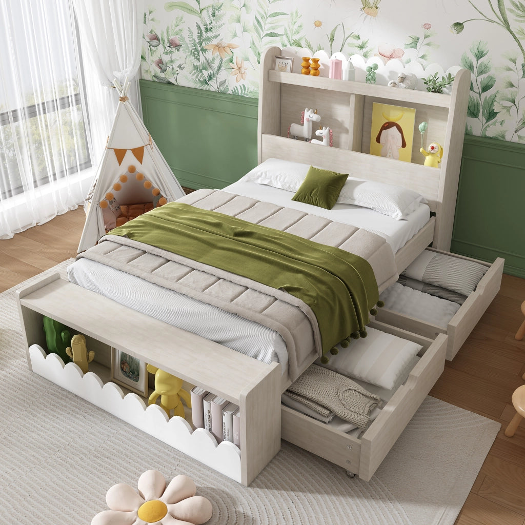 Letto singolo per bambini 90x190 cm con due cassetti e mensole