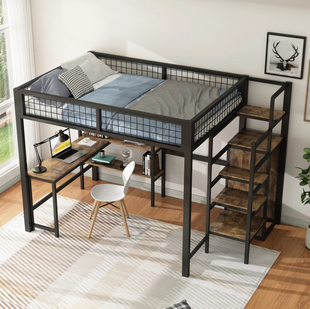 Letto a soppalco 140x200 cm in metallo e MDF con scrivania, armadio e scaffali nero/marrone
