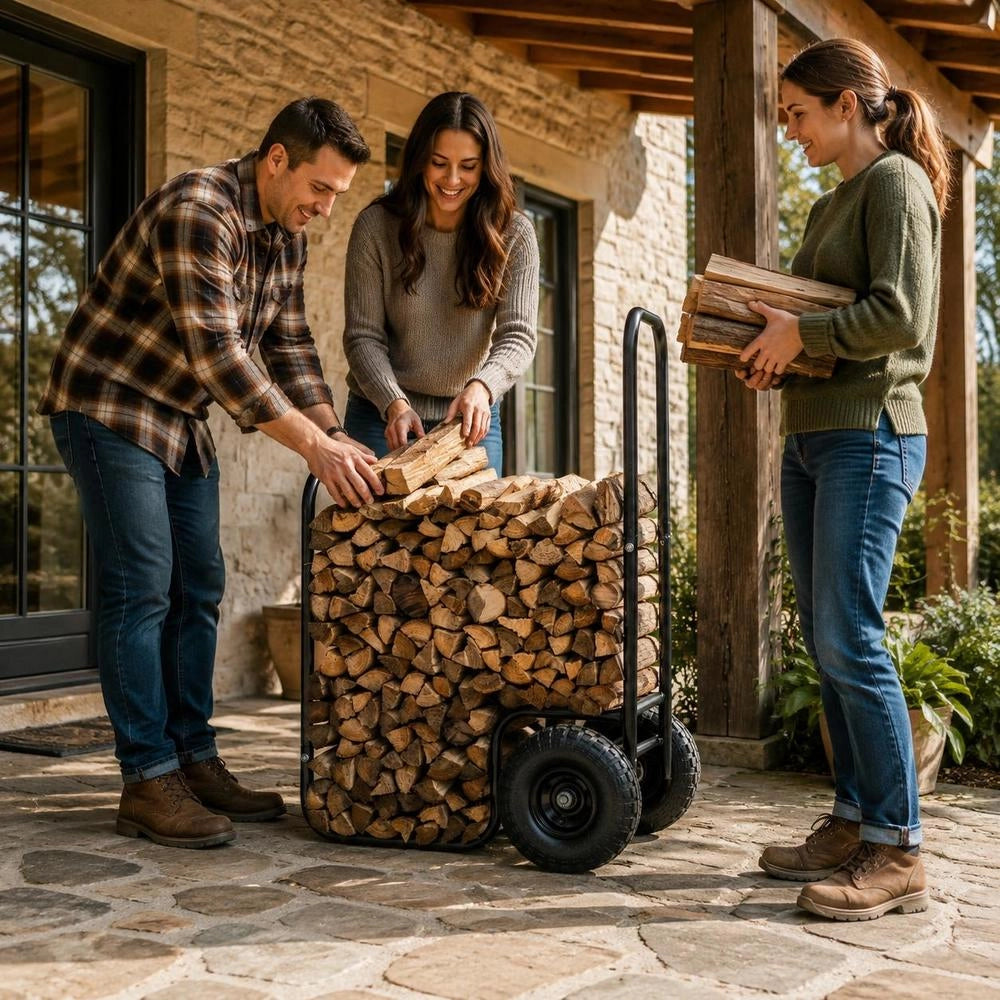 Firewood Trolley 67x52x110cm, Powder-coated Steel, With 266.7 Mm Rubber Wheels, 113.4 Kg Load Capacity, Transport Trolley Including Bungee Cord And Floor Net