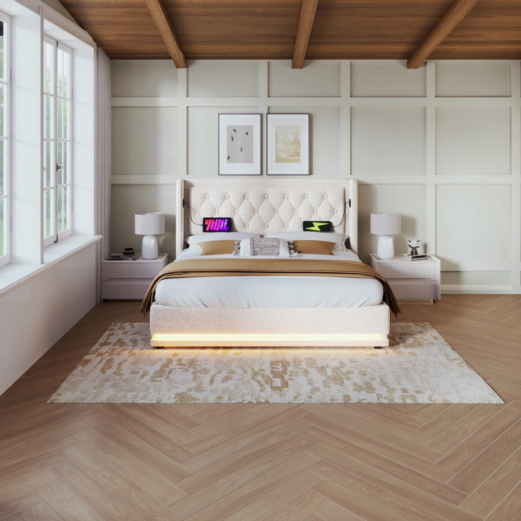 Letto matrimoniale imbottito beige 140x200 cm