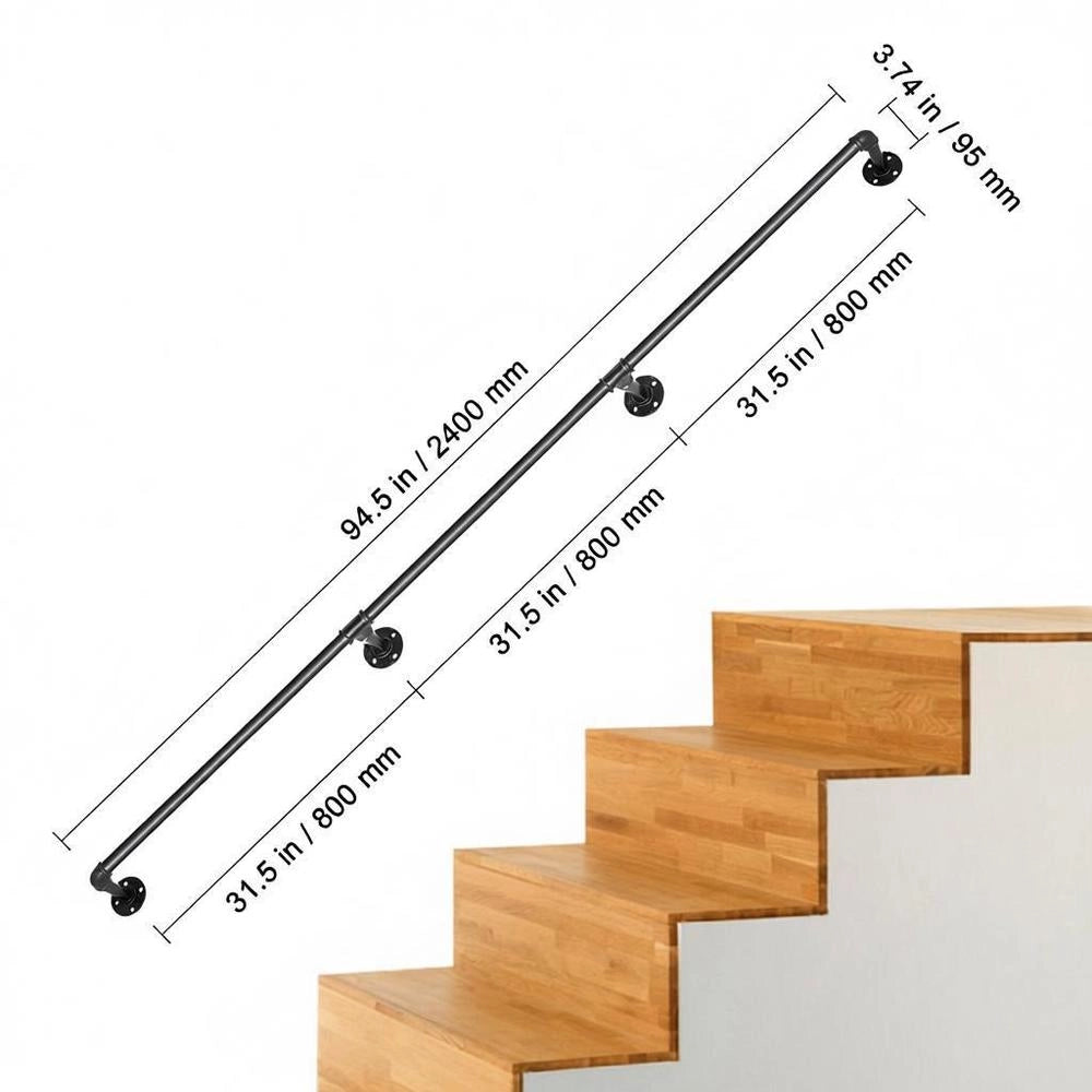 3x Retro Water Pipe Handrail 240cm Industrial Railing Safety Rail Carbon Steel 4x Wall Brackets Rustic Handrail 200kg Load Capacity Suitable For Indoor/Outdoor Handrails