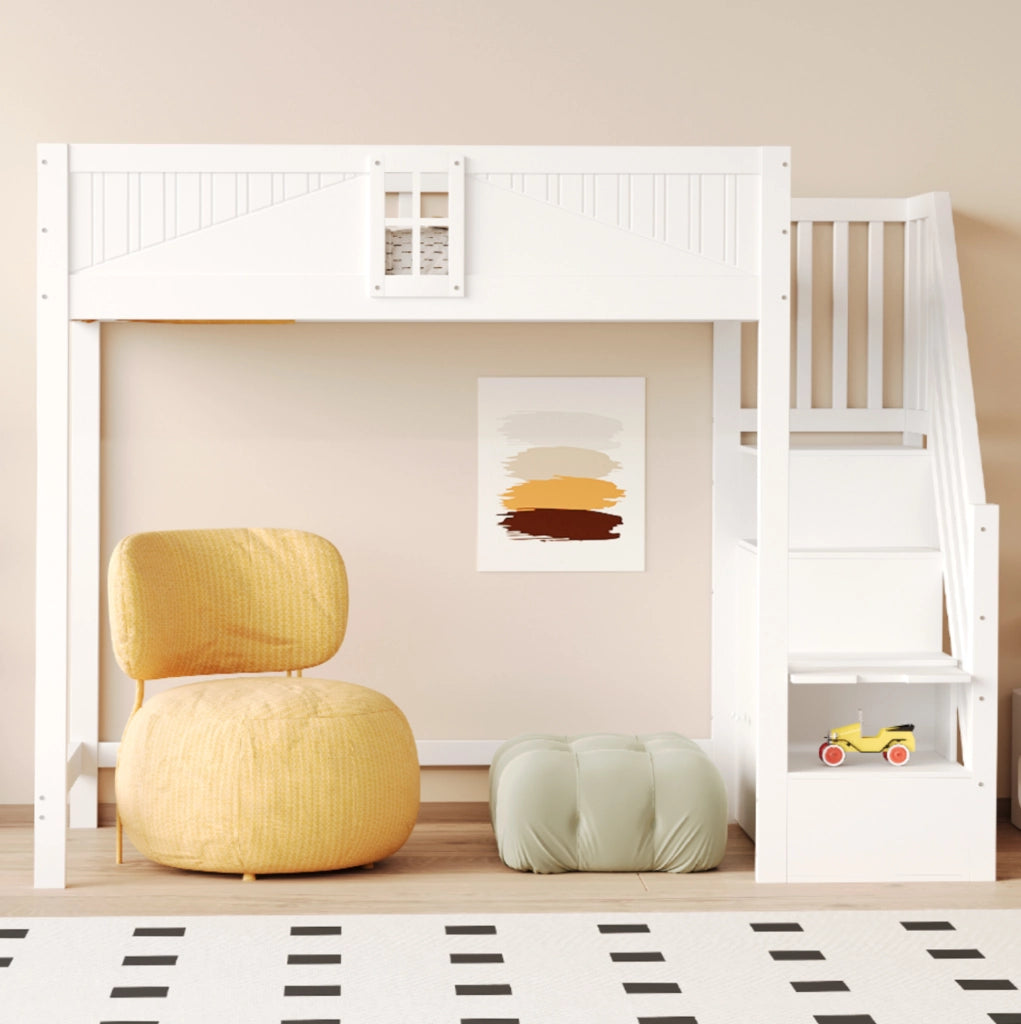 Letto a soppalco in legno massello 90 x 200 cm bianco