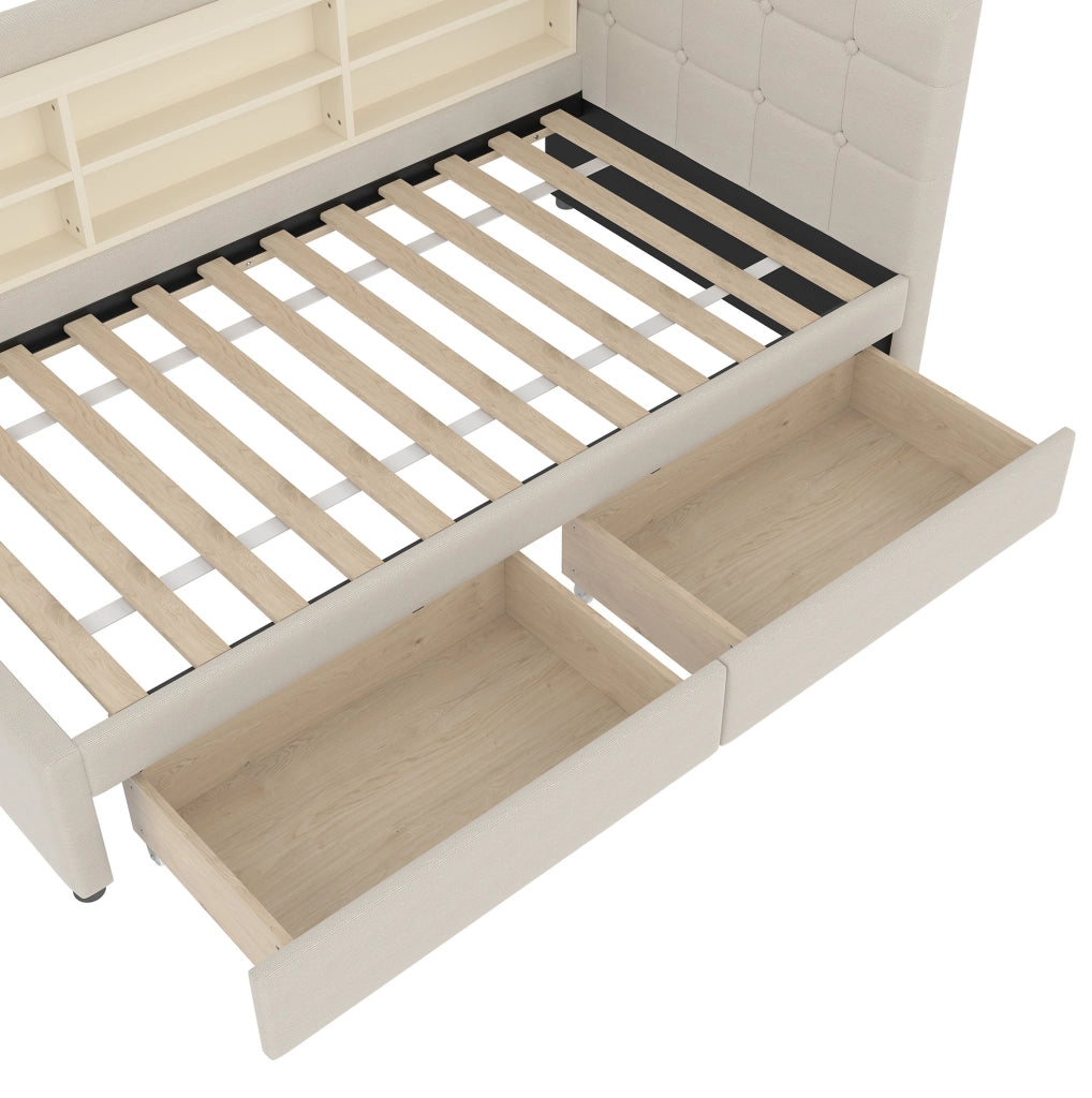 Letto singolo 90 x 200 cm beige con 2 cassetti, prese USB e USB-C