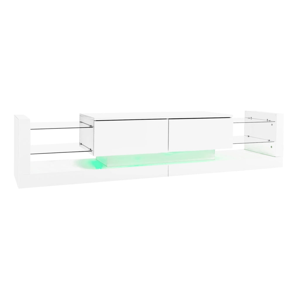 Mobile TV moderno 181 cm con LED; frontale in vetro e 2 cassetti ribaltabili; bianco