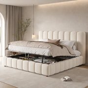 Letto matrimoniale contenitore 180 x 200 cm, letto imbottito idraulico in velluto con rete a doghe, contenitore, testiera beige a righe verticali