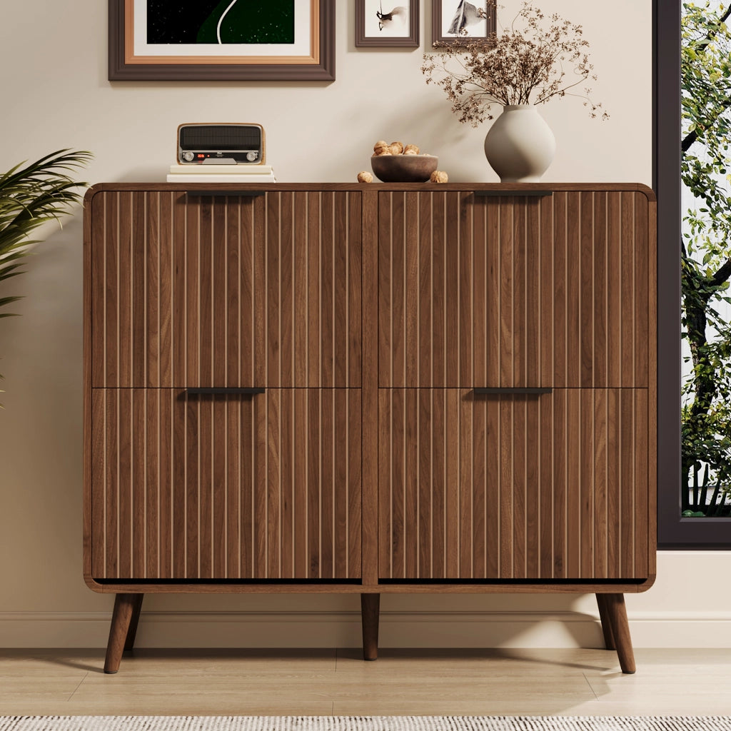 Scarpiera per ingresso a 4 ante a ribalta con doppio vano in MDF color noce e gambe in legno 105 × 24 × 90 cm