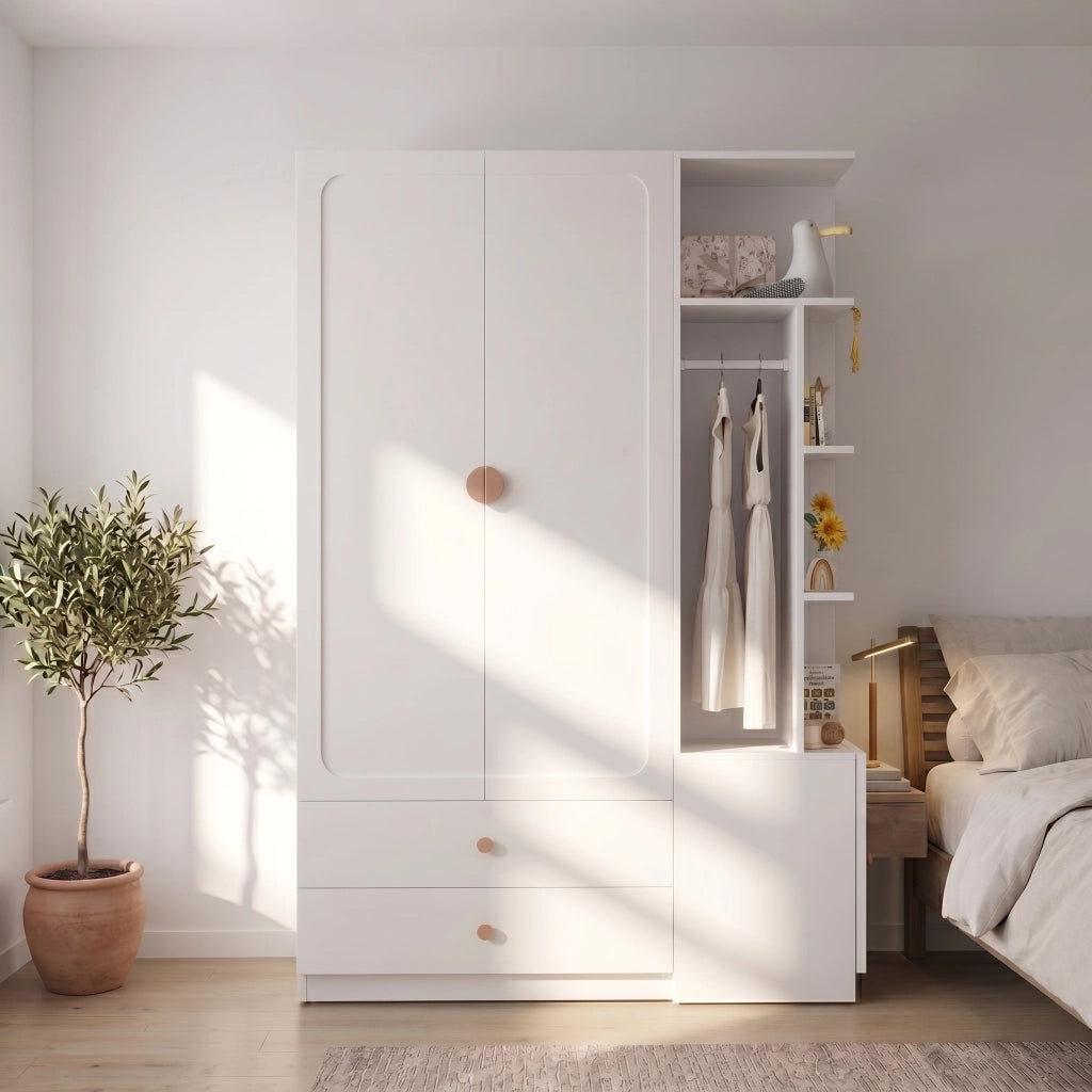 Armadio modulare aperto con 2 appendiabiti e 2 cassetti, per camera da letto e ingresso, bianco, 135 × 45 × 200 cm