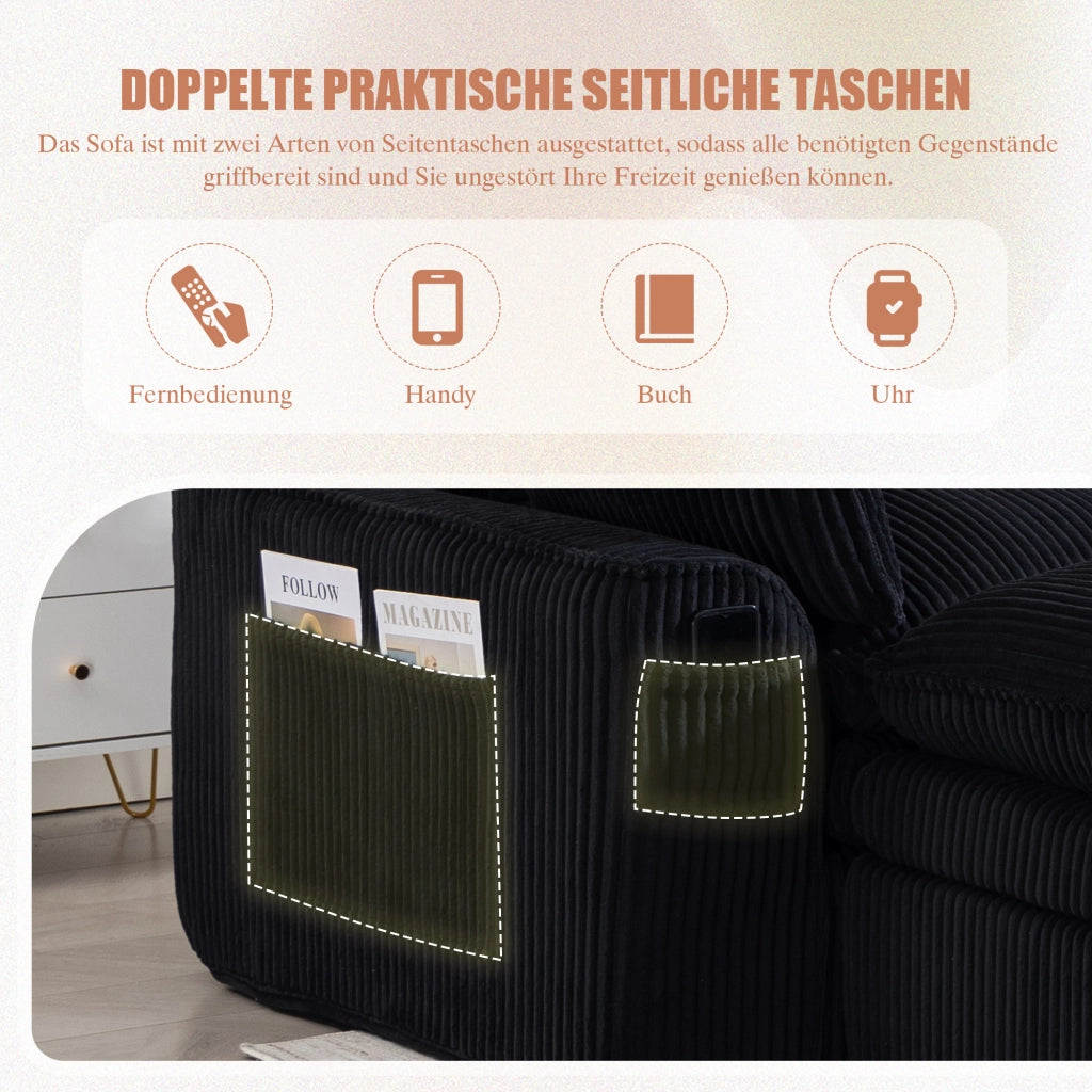 Divano 3 Posti con Poggiapiedi e Cuscini in Tessuto ¨C MINIMAL ¨C Nero