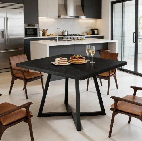 Tavolo da pranzo quadrato 80 cm in MDF e metallo; nero stile industriale