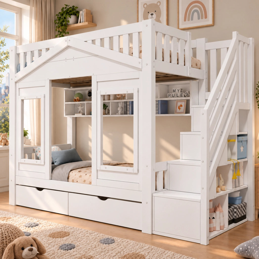 Letto a soppalco per bambini 90x200 cm con scala contenitore e cassetto in pino e MDF; bianco