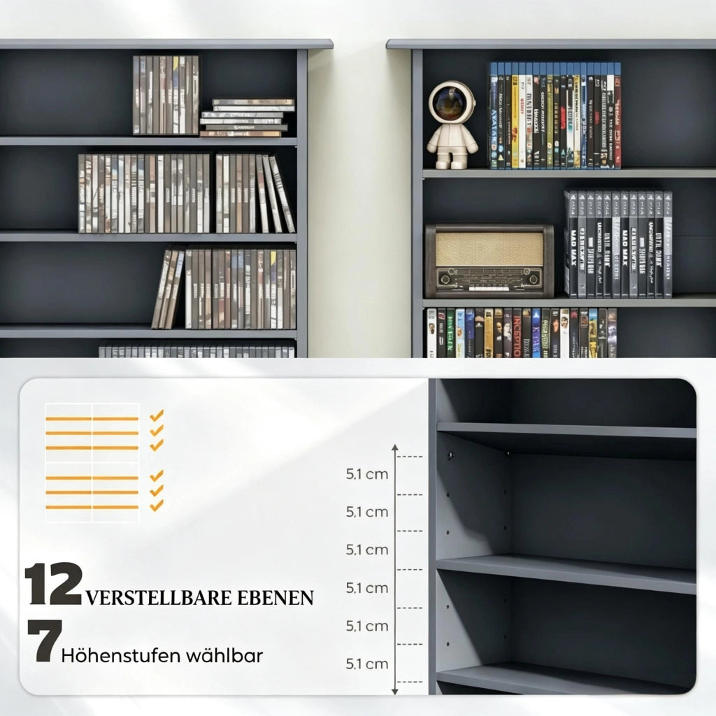Mobile porta CD e DVD con ripiani regolabili per 720 CD e 396 Blu-ray in pannello di particelle grigio