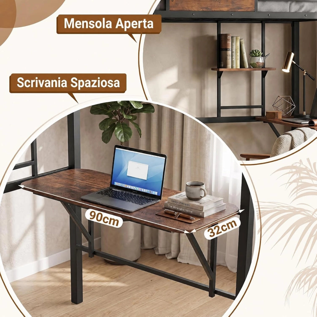 Letto a Soppalco in Metallo, Struttura del Letto 200 x 90 cm | Salvaspazio con Scrivania, Libreria, Sponda Rialzata, Design a Doghe e 3 Scale per Appartamenti e Dormitori
