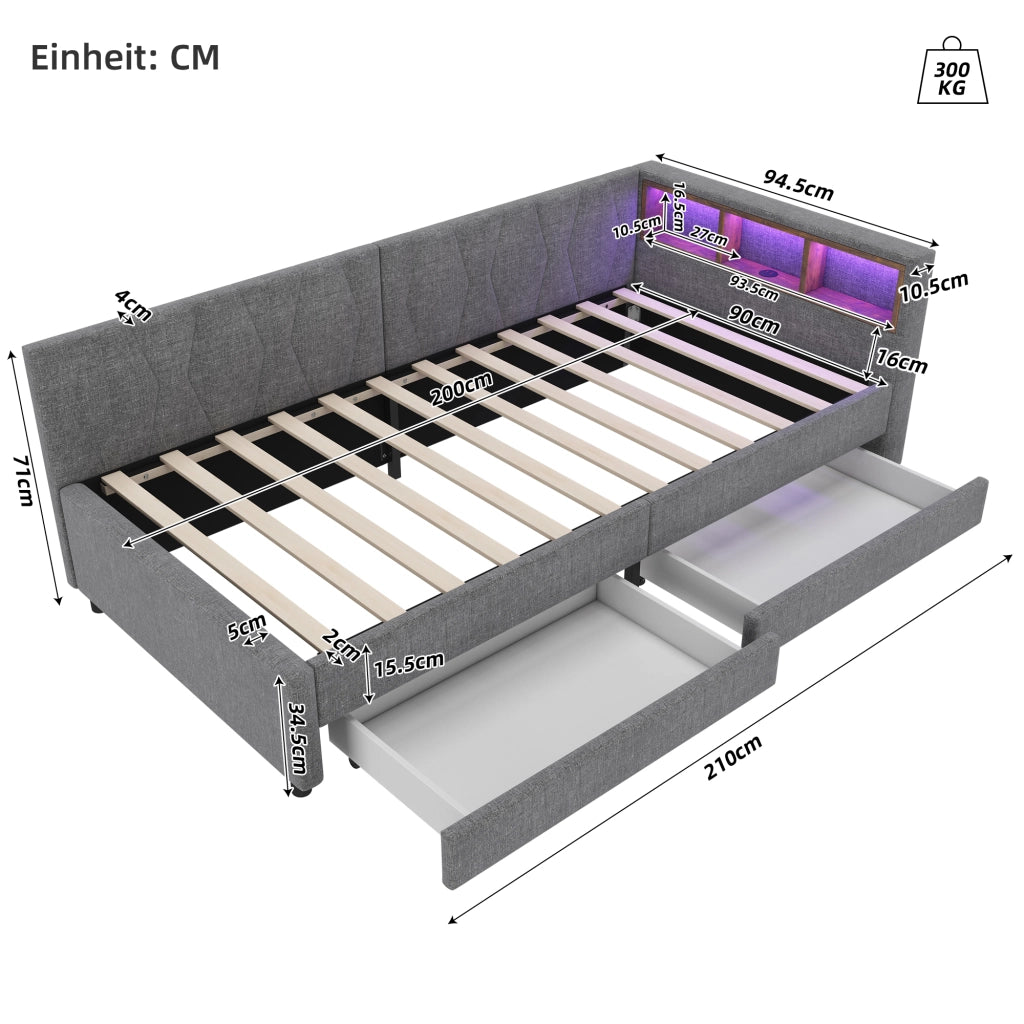 Letto con cassetti 90 × 200 cm con LED USB e Type-C in lino e MDF grigio con vani nella testiera