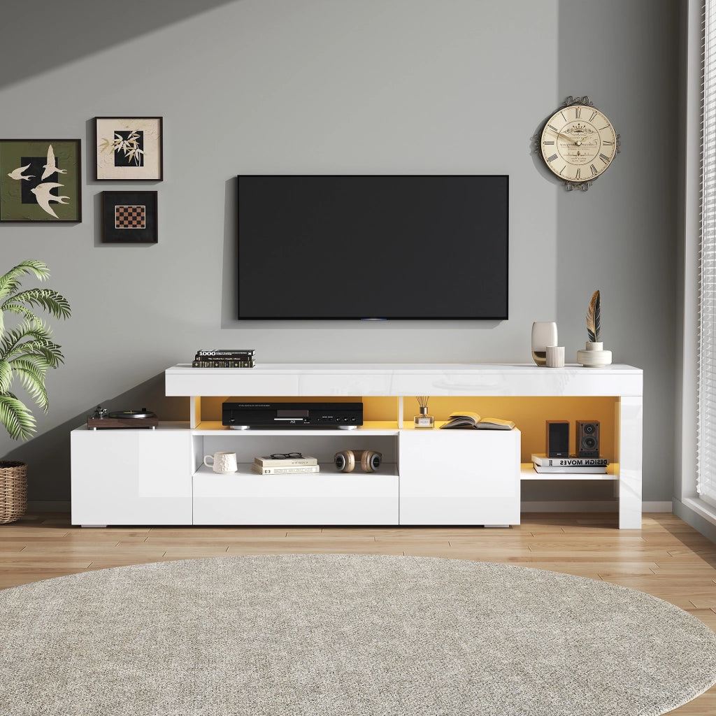 Mobile TV con 3 ante; vani aperti e LED; per soggiorno; 192 × 37 × 53 cm; in pannello truciolare; bianco