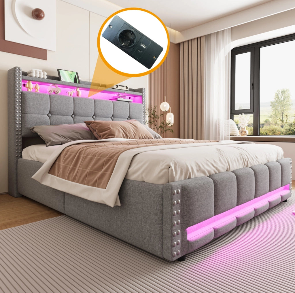 LETTO Imbottito 160x200 cm Grigio Chiaro con LED, USB e contenitore
