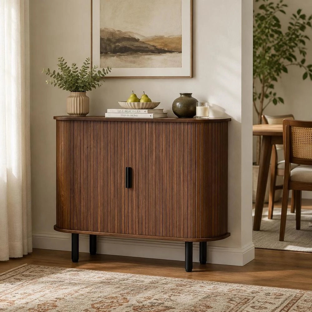 Coffee Bar Cabinet, Mid Century Fluted Coffee Bar Table, Buffet Stand Cabinet With 2 Sliding Doors, Sideboard Buffet Station For Living Room, Entryway, Kitchen, 39.3 X 15.7 X 29.5 In, Walnut