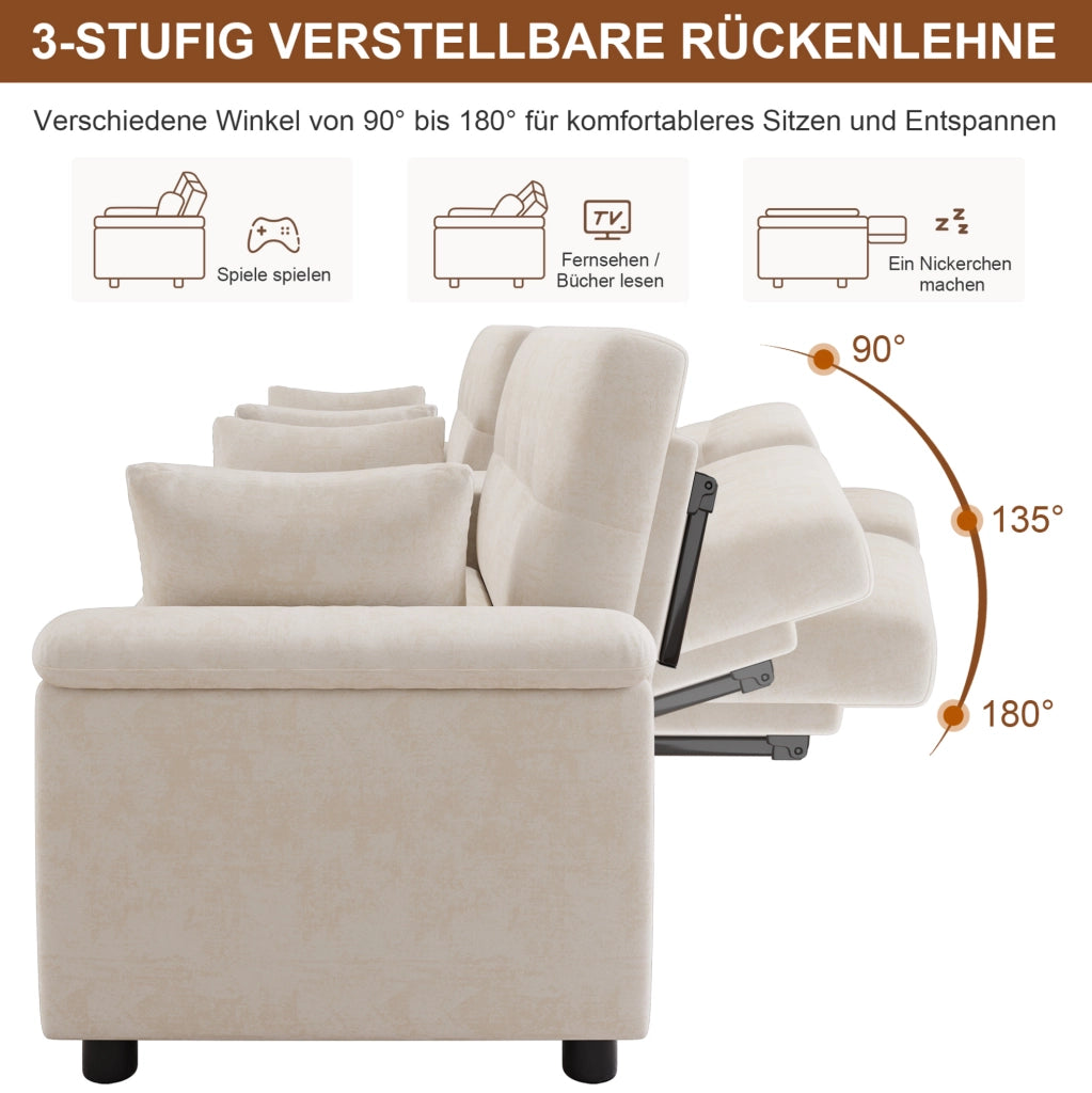 Divano letto multifunzionale beige con modulo centrale e schienale regolabile
