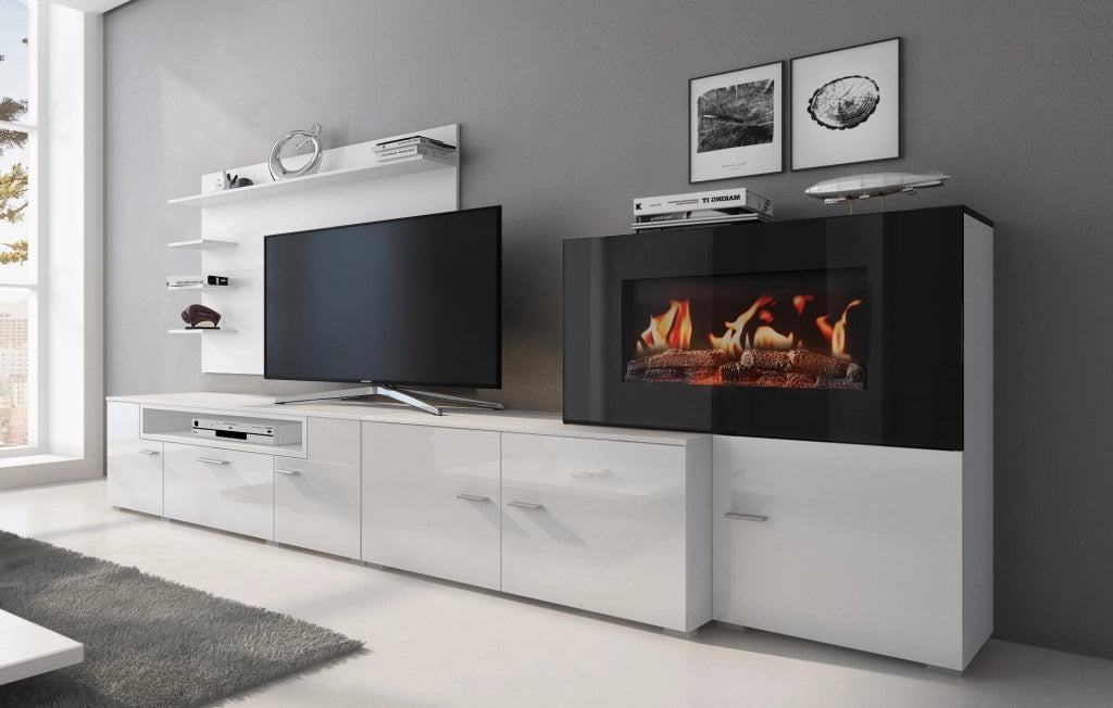 Mobili da soggiorno, camino elettrico a 5 livelli di fiamme, Bianco Opaco e Laccato Bianco Chiaro, 290x45x170cm  RF3663
