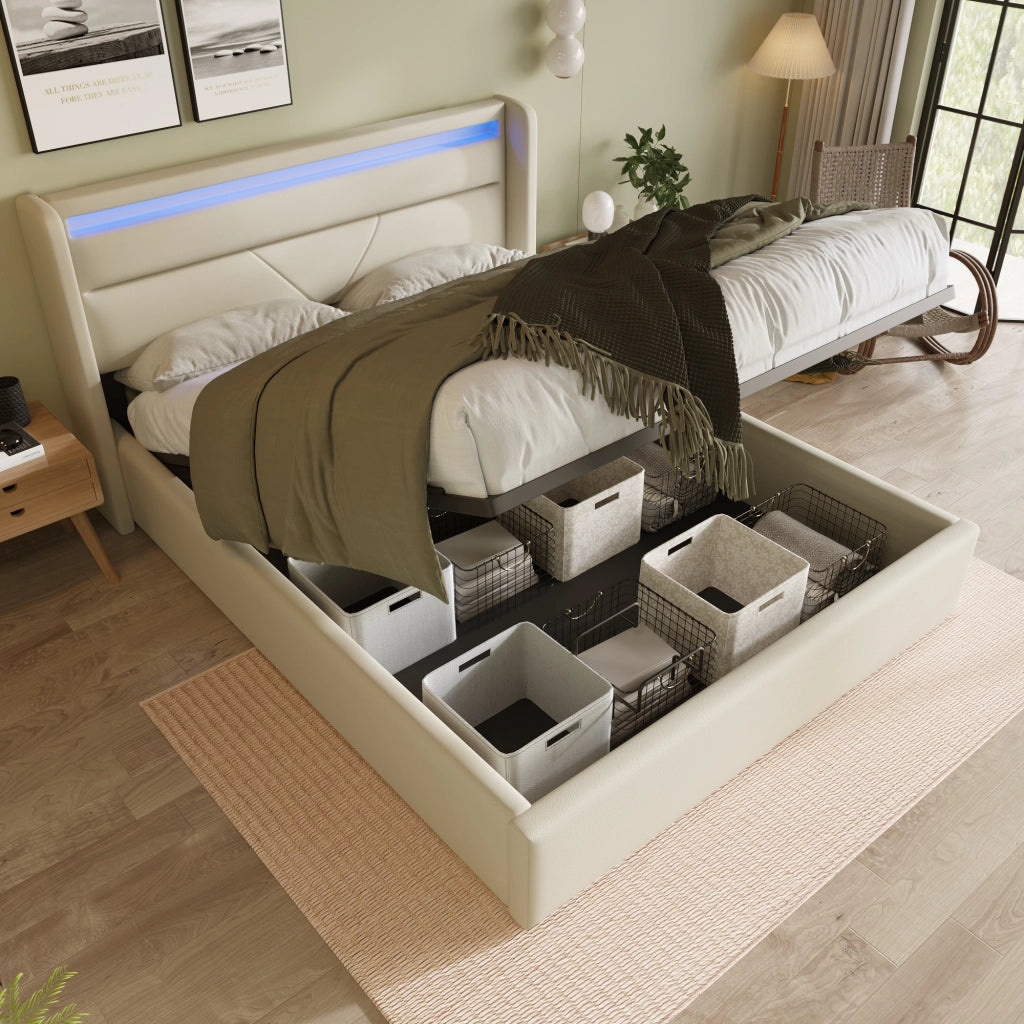 Letto contenitore 160x200 con testiera LED bianca