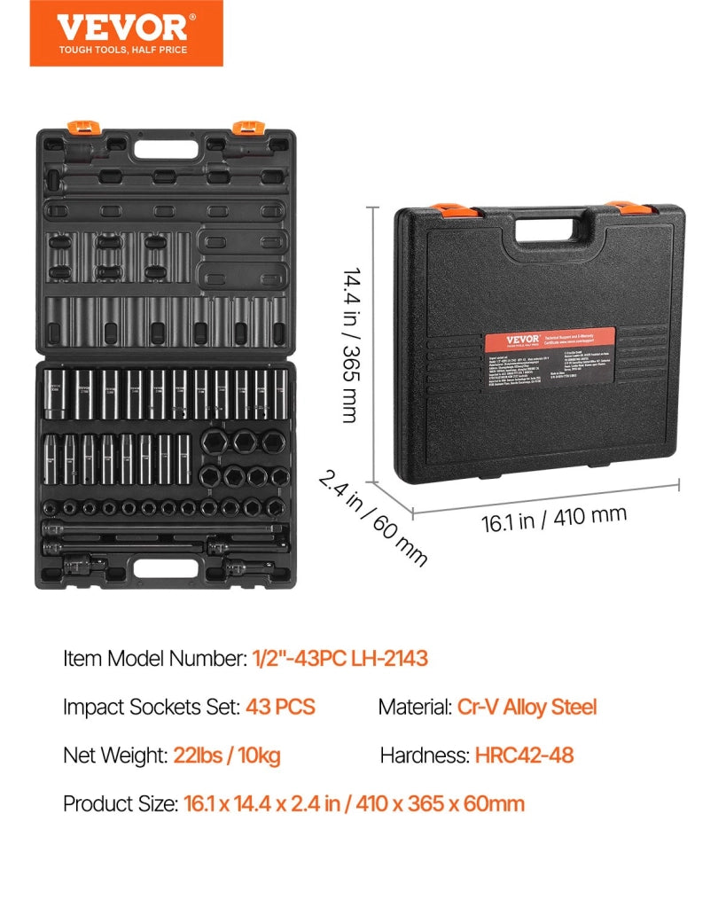 Set Bussole a Percussione 1/2 Pollici 43 Pezzi in Acciaio CR-V, Bussole a 6 Punti 9-30 mm Standard e Profonde con Prolunghe per Officina e Fai da Te