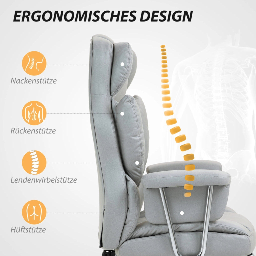 Sedia da ufficio ergonomica reclinabile con poggiapiedi e seduta girevole imbottita in schiuma grigio chiaro