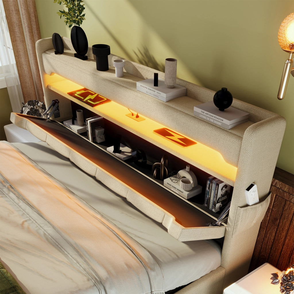 Letto contenitore imbottito beige 140 x 200 cm