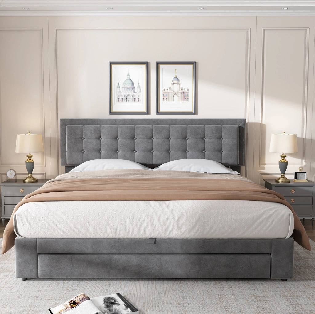 LETTO Contenitore 180x200 cm Velluto Grigio con Cassetti