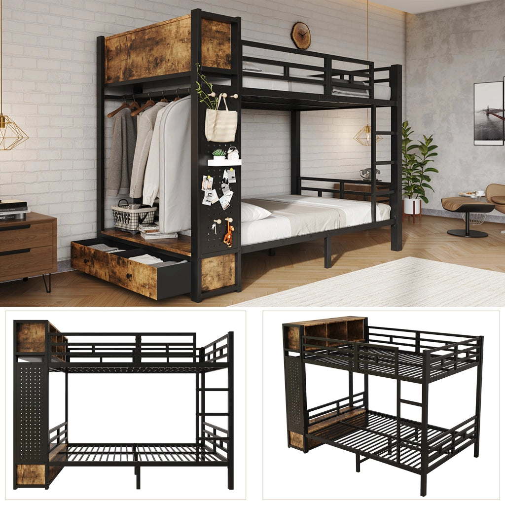 Letto a Castello 120x200 cm LEMONMAX con Armadio, Cassetto, Pannello Forato e Mensole, Metallo Nero, Salvaspazio, EN747, Portata 150 kg