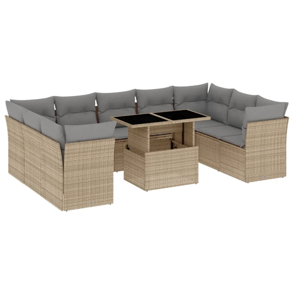 Set Divano da Giardino 10 pz con Cuscini Beige in Polyrattan