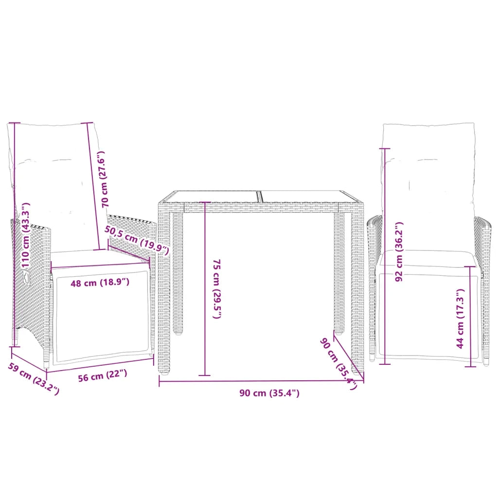 Set da Bistrò 3 pz con Cuscini Nero in Polyrattan 3276855